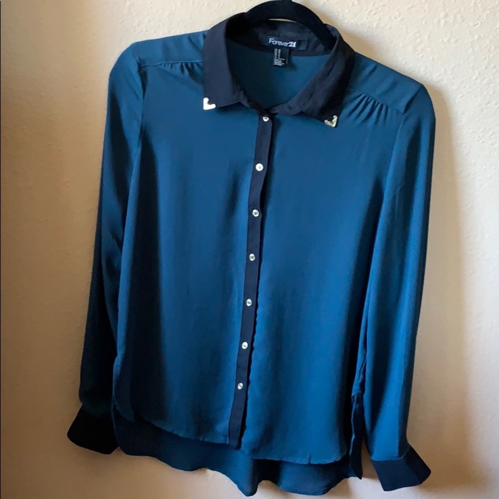 Deep teal button up collared blouse
